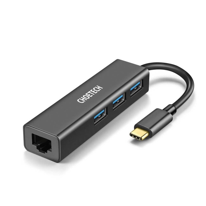 USB-C хъб Choetech USB-C Multifunctional 4in1 Hub, 3 USB порта и RJ-45 Gigabit Ethernet порт, Черен