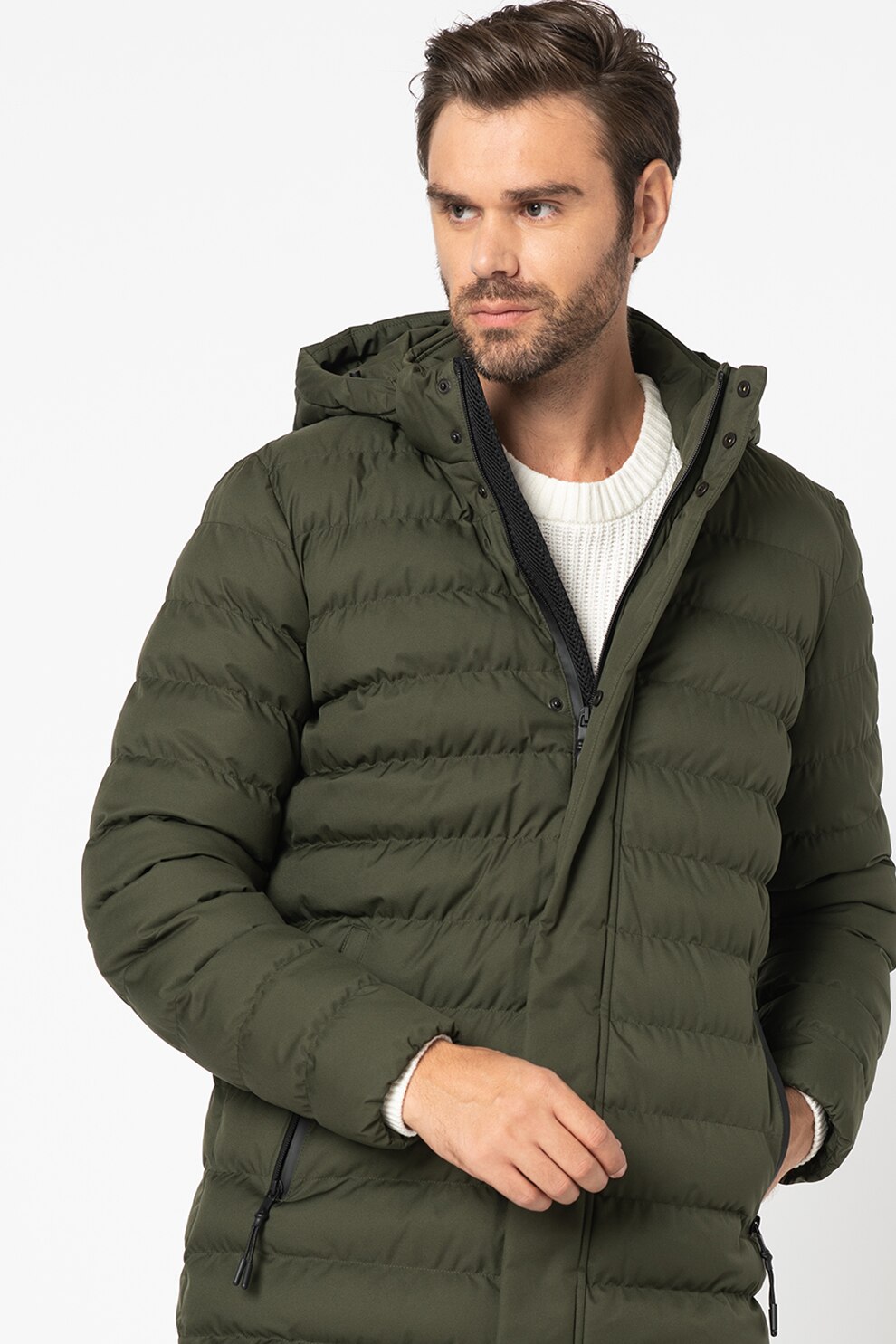 Geox, Jacheta cu gluga, din material rezistent la vant, cu aspect matlasat Hallson, Verde militar