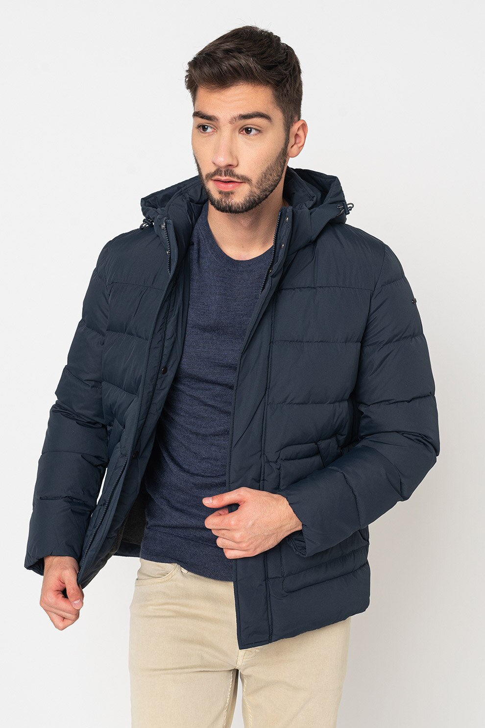 Geox, Geaca impermeabila cu umplutura de puf si gluga Nettuno, Bleumarin