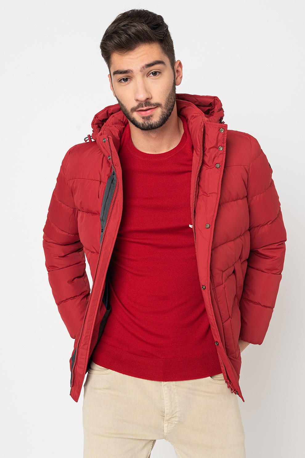 Geox, Geaca impermeabila cu umplutura de puf si gluga Nettuno, Rosu