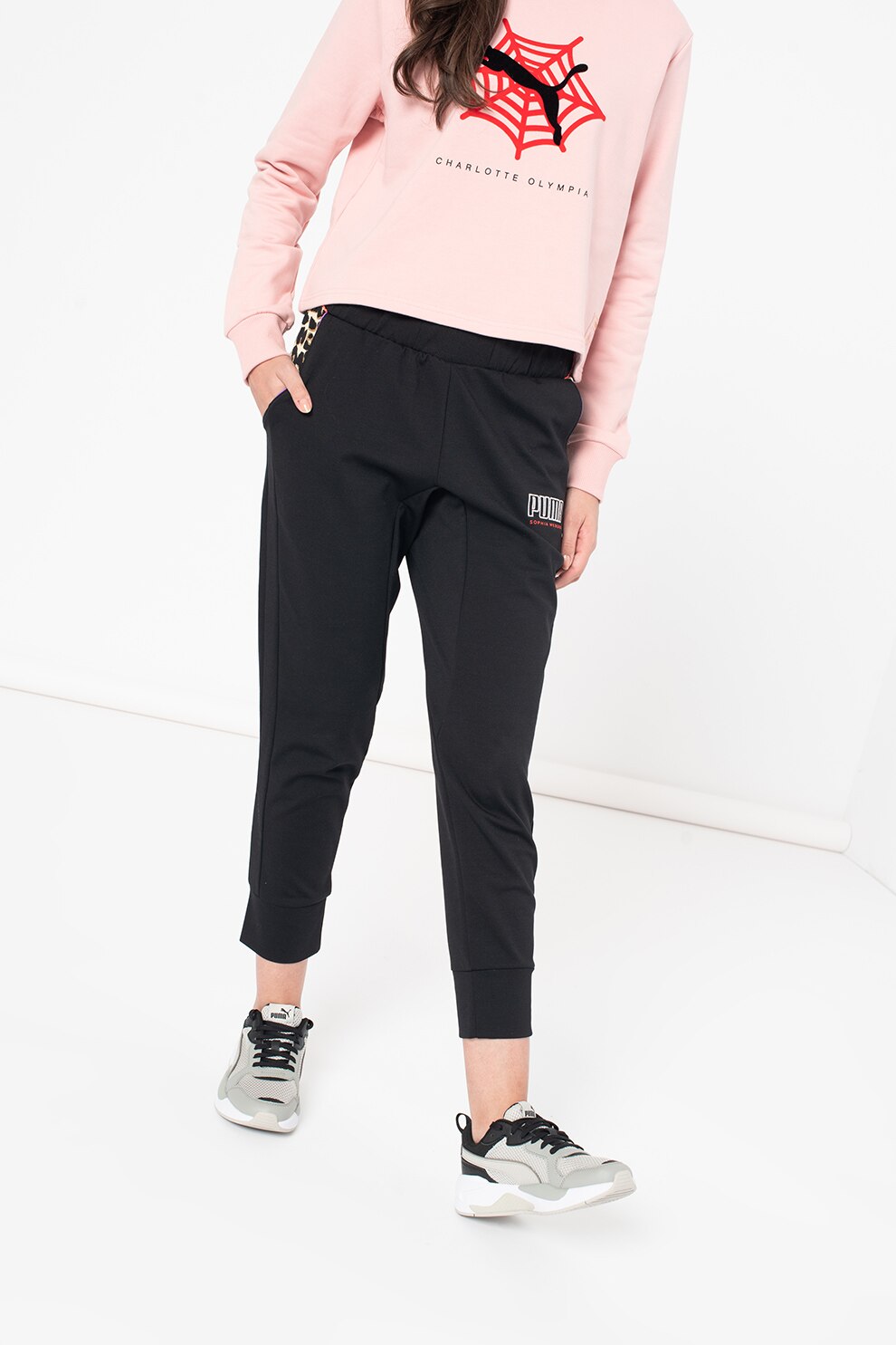 Puma, Pantaloni sport crop cu logo brodat, Negru