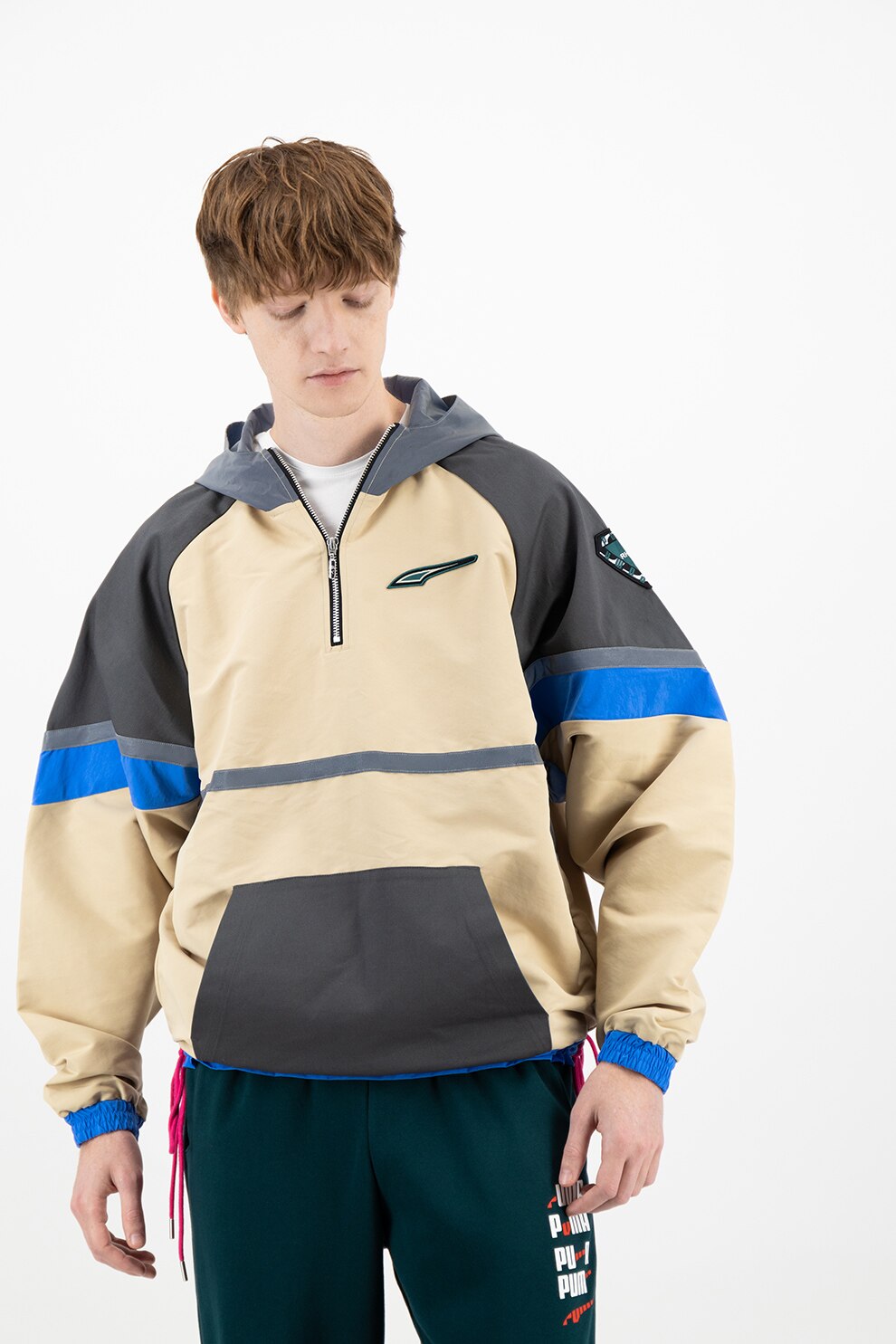 Puma, Jacheta lejera fara inchidere cu model colorblock, Bej/Gri inchis