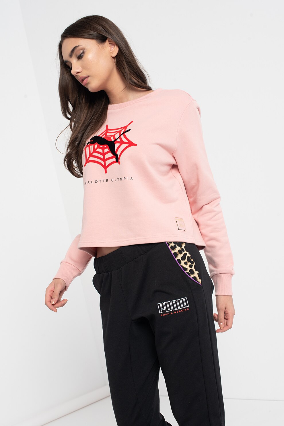 Puma, Bluza crop cu imprimeu logo, Roz