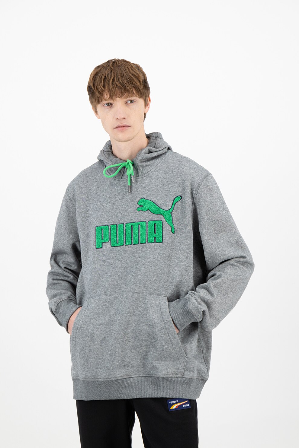 Puma, Hanorac cu buzunar kangaroo si imprimeu logo, Gri melange/Verde, XS