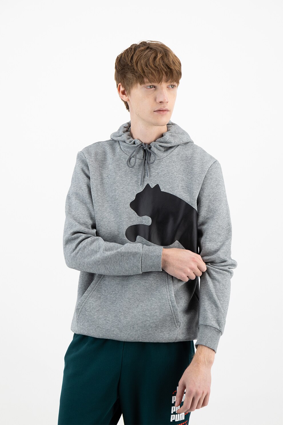 Puma, Hanorac cu buzunar kangaroo si imprimeu logo, Gri melange, M