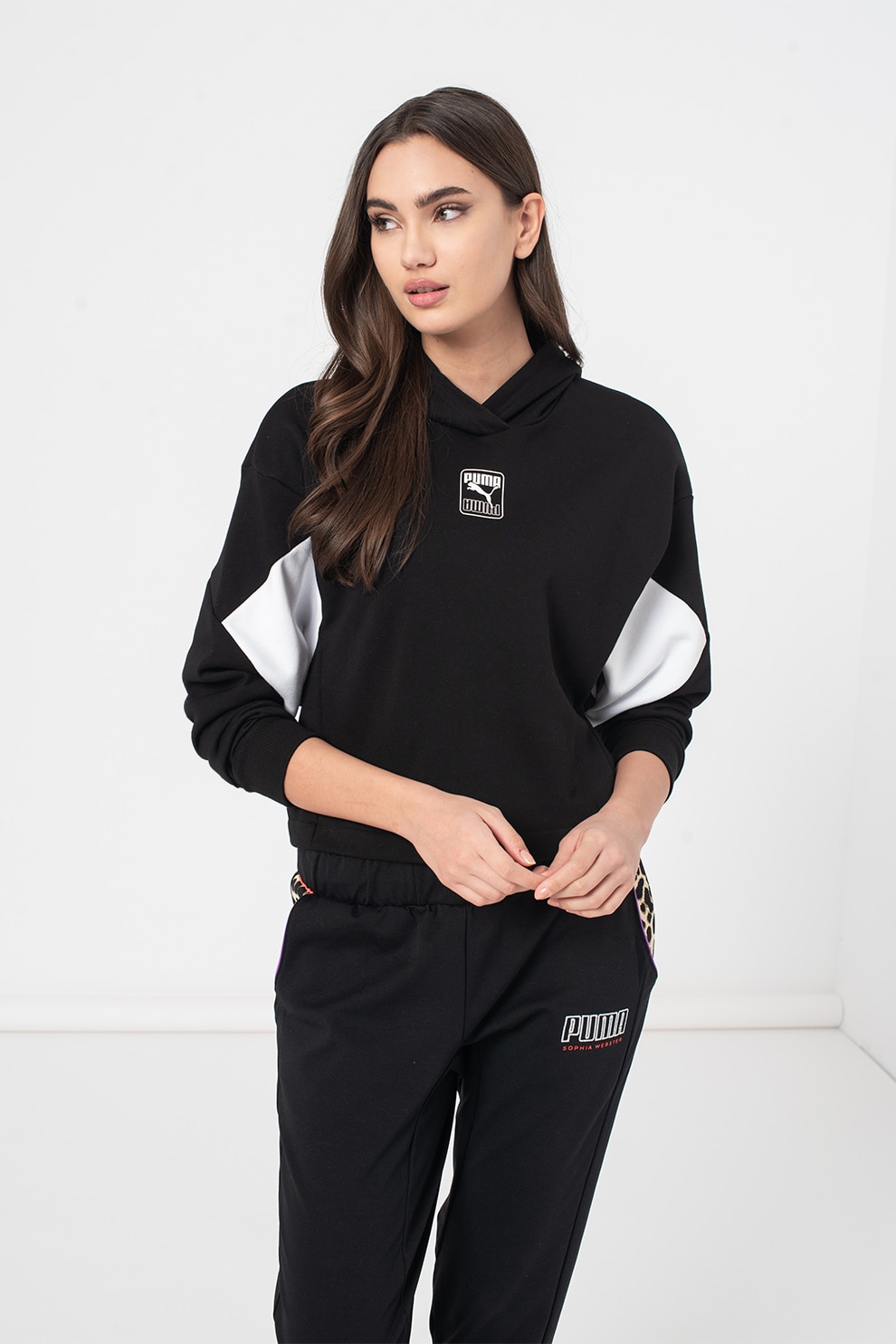 Puma, Hanorac cu model crop Rebel, Negru/Alb