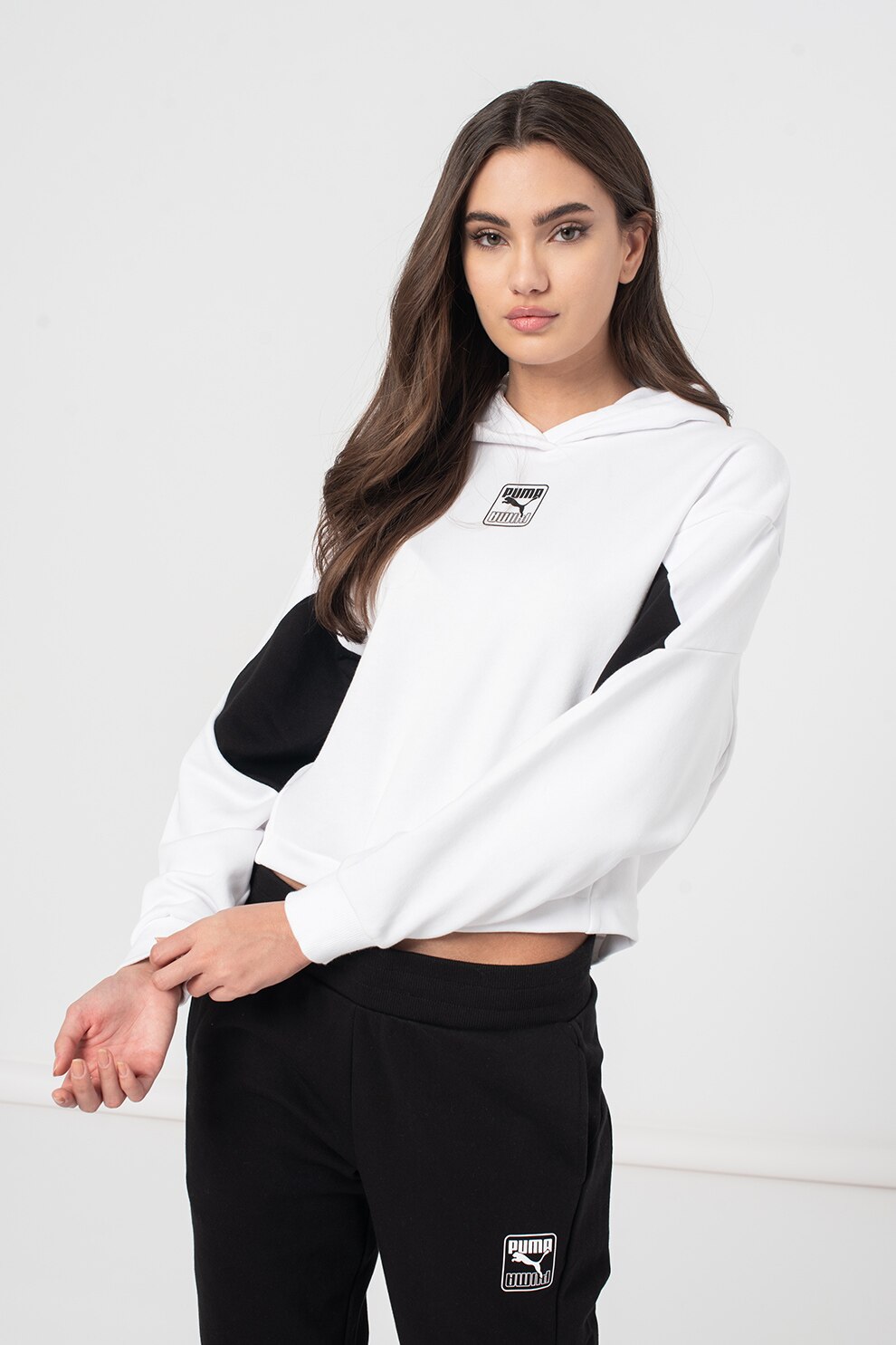 Puma, Hanorac cu model crop Rebel, Alb/Negru