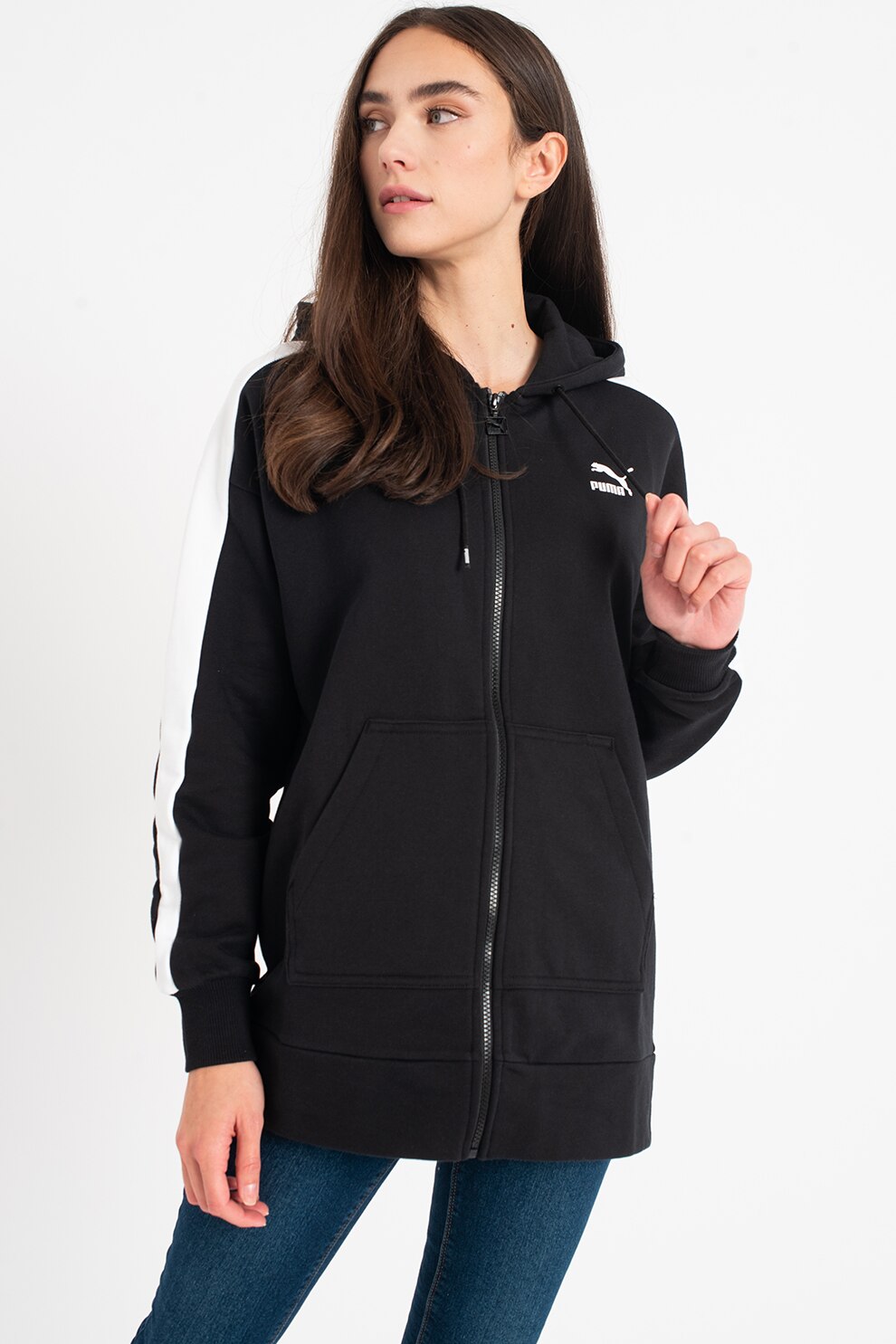 Puma, Hanorac cu fermoar Classics Tape, Negru/Alb