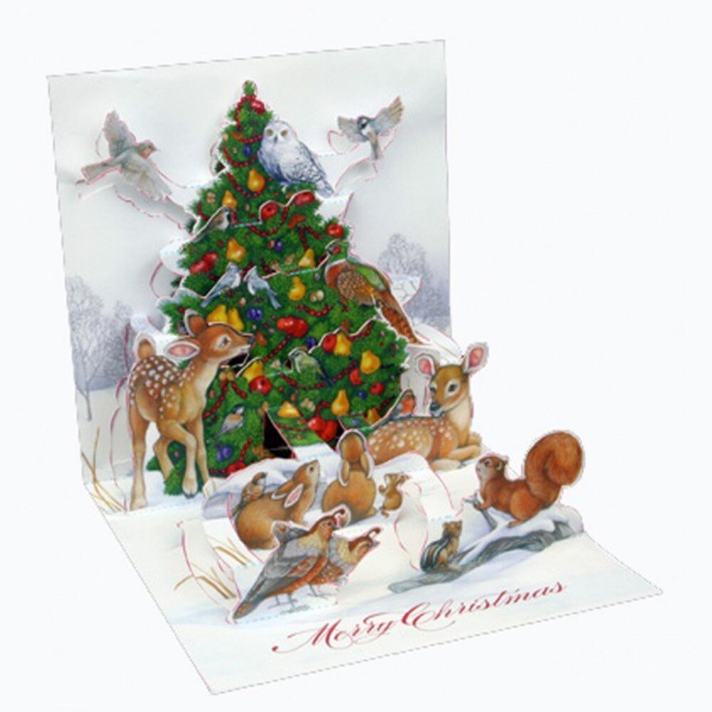 Felicitare 3D pentru iarna-Animale in padure impodobind bradul