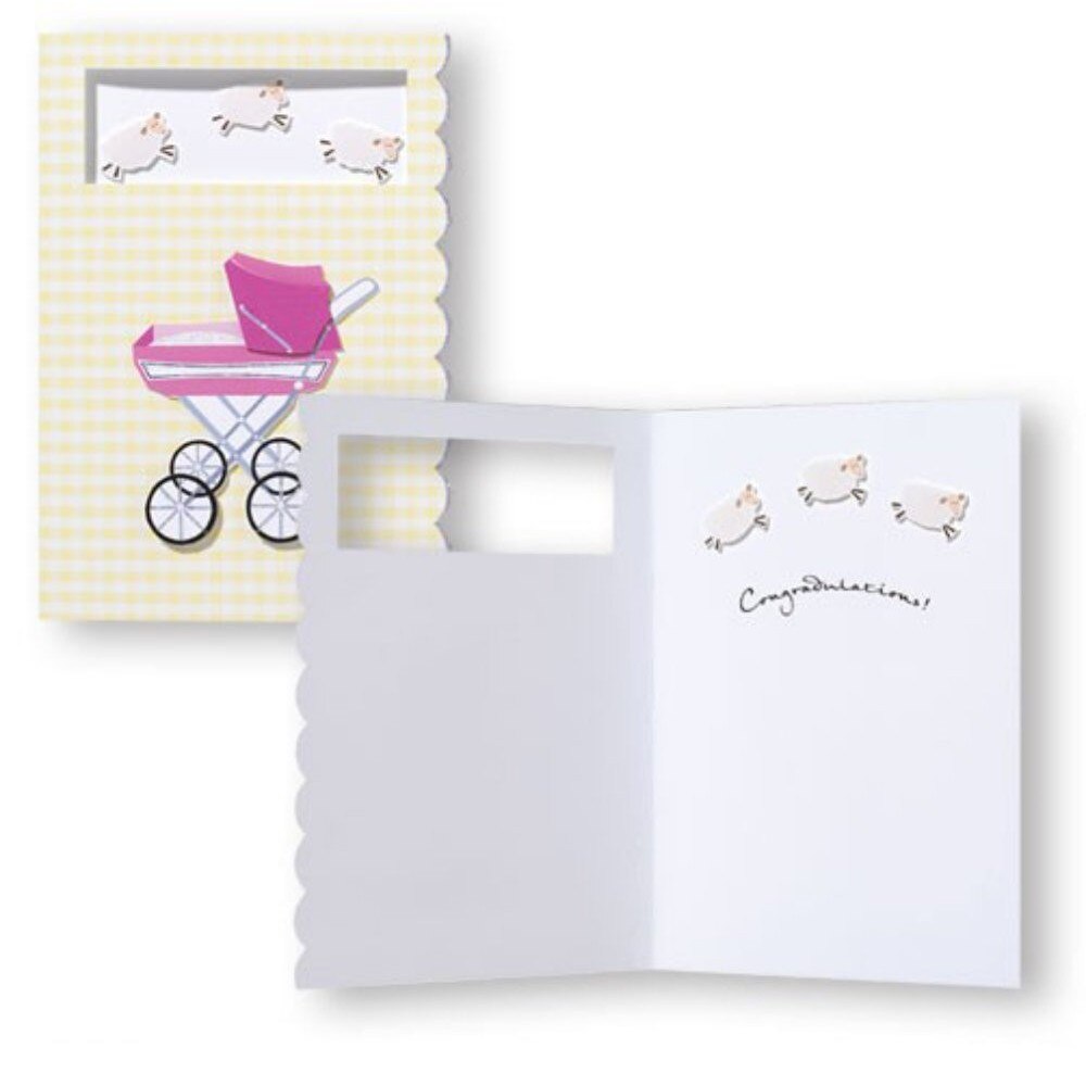 Felicitare 3D Trespanache pentru botez-Carucior roz