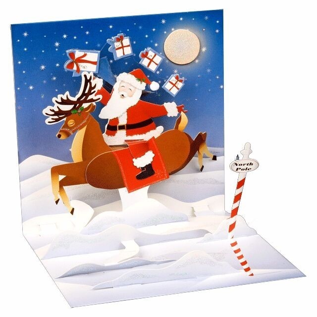 Minifelicitare 3D Craciun-Mos Craciun calare pe ren