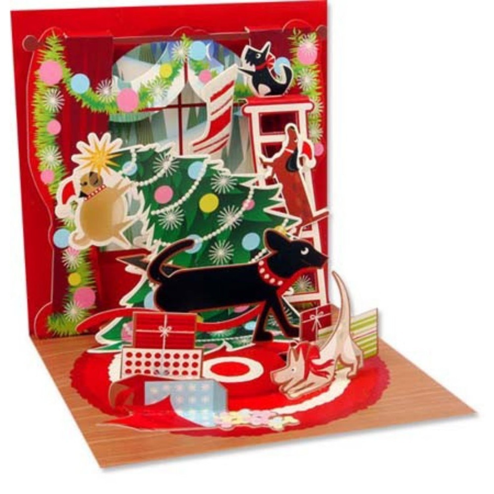 Felicitare 3D pentru iarna-Catei impodobind bradul de Craciun