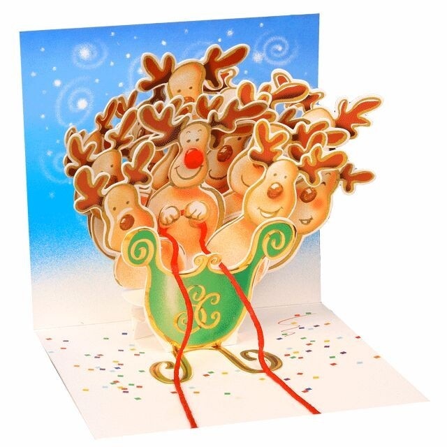 Minifelicitare 3D Craciun-Renii in sanie