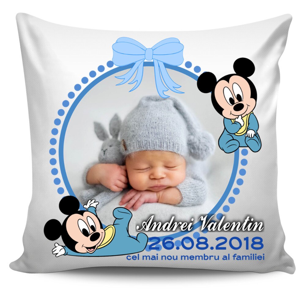 Perna personalizata Mickey albastru nou-nascut baietel, Aniversare , Onomastica , Ziua Copilului, 40x40 cm