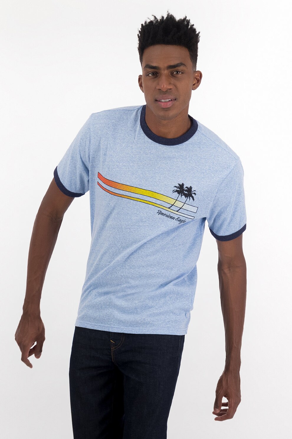American Eagle, Tricou cu decolteu la baza gatului si model grafic, Bleu/Rosu/Verde lime