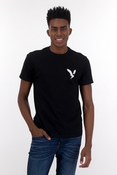 American Eagle, Tricou cu decolteu la baza gatului si imprimeu logo, Negru/Alb American Eagle, Tricou cu decolteu la baza gatului si imprimeu logo, Negru/Alb