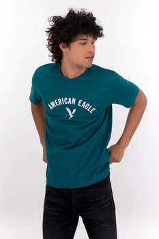 American Eagle, Tricou cu decolteu la baza gatului si imprimeu logo, Verde persan/Alb