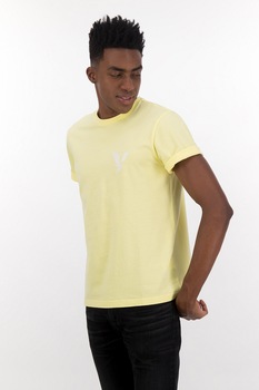 American Eagle, Tricou cu decolteu la baza gatului si imprimeu logo, Galben pal/Alb American Eagle, Tricou cu decolteu la baza gatului si imprimeu logo, Galben pal/Alb