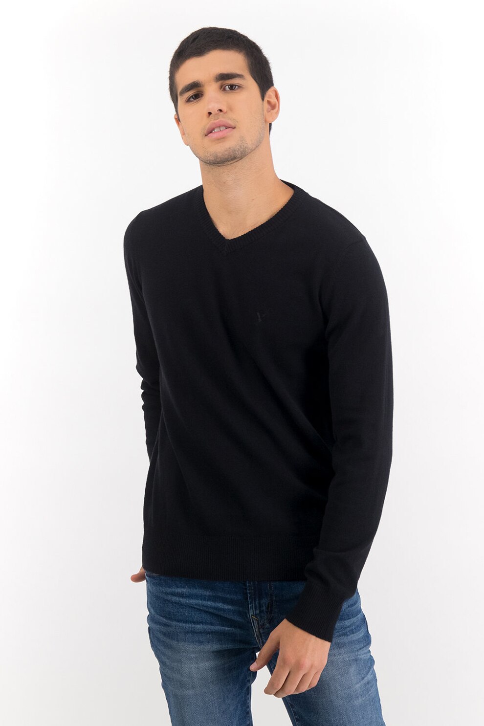 American Eagle, Pulover cu decolteu in V si broderie logo, Negru