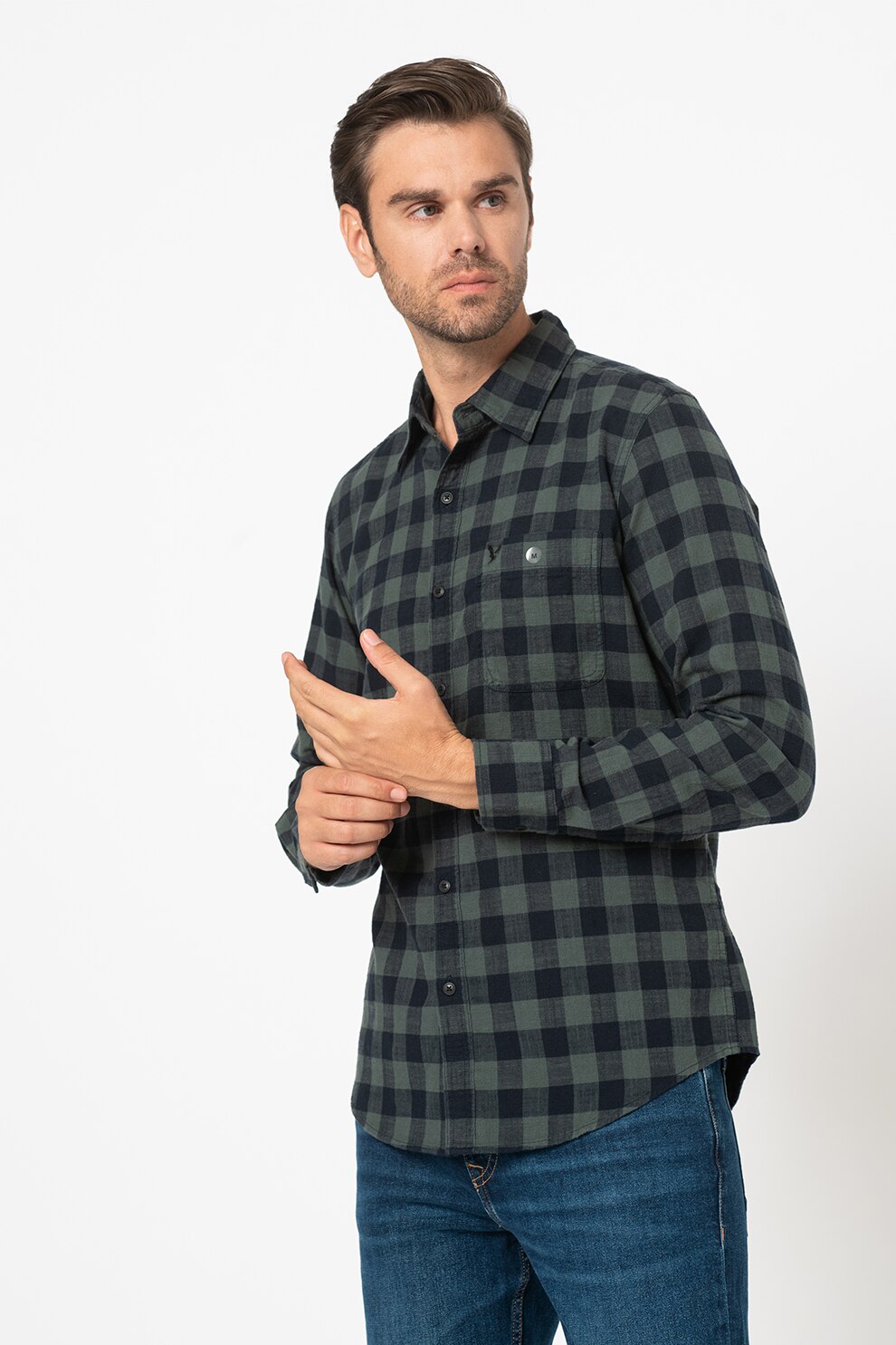 American Eagle, Camasa slim fit cu buzunar pe piept, Verde/Bleumarin inchis