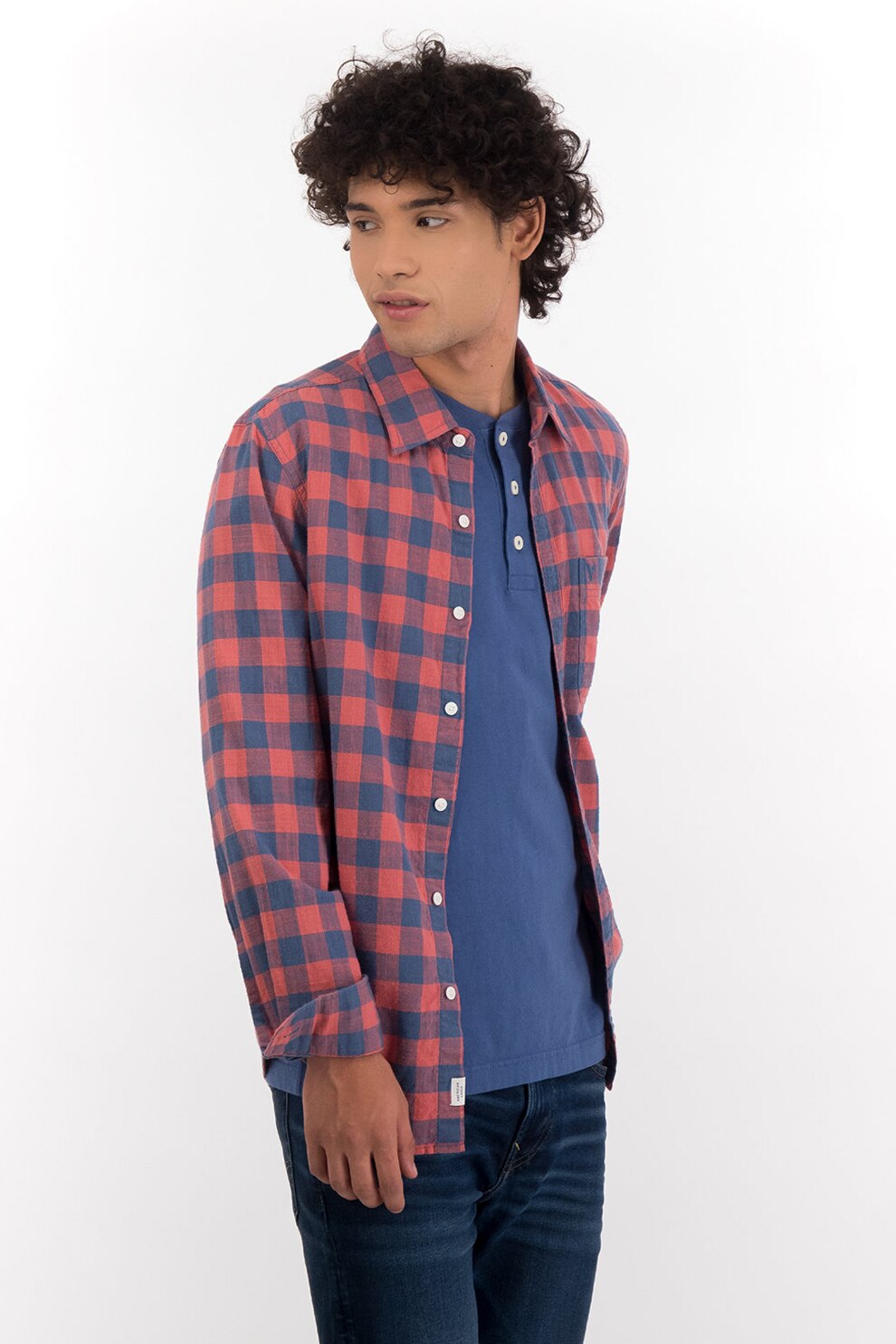 American Eagle, Camasa slim fit cu buzunar pe piept, Corai/Albastru prafuit