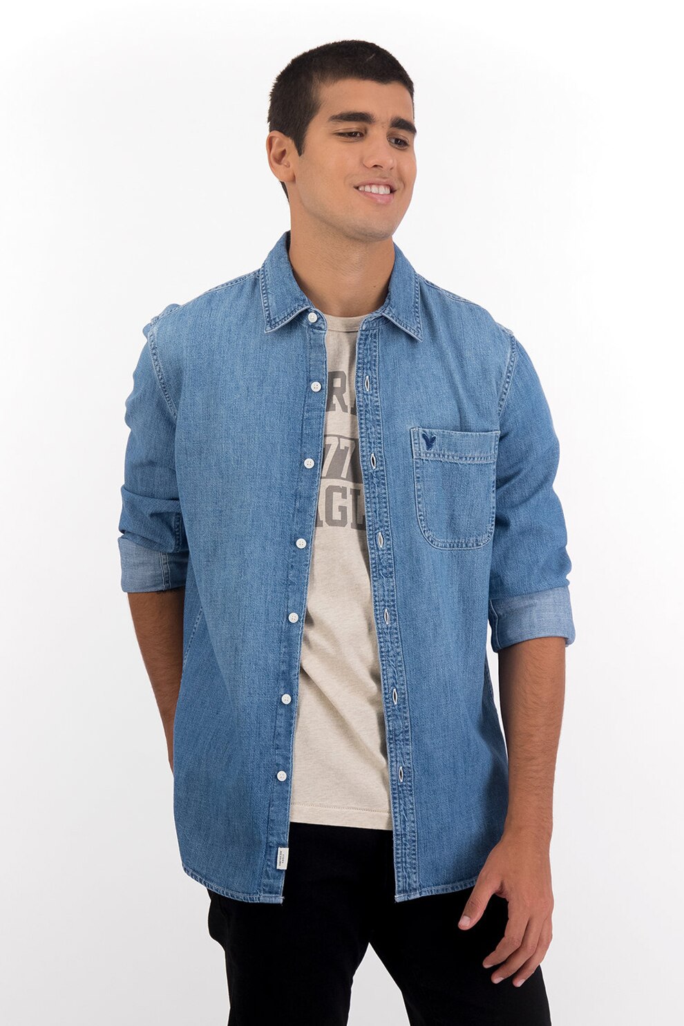 American Eagle, Camasa slim fit de denim cu buzunar pe piept, Bleu/Alb
