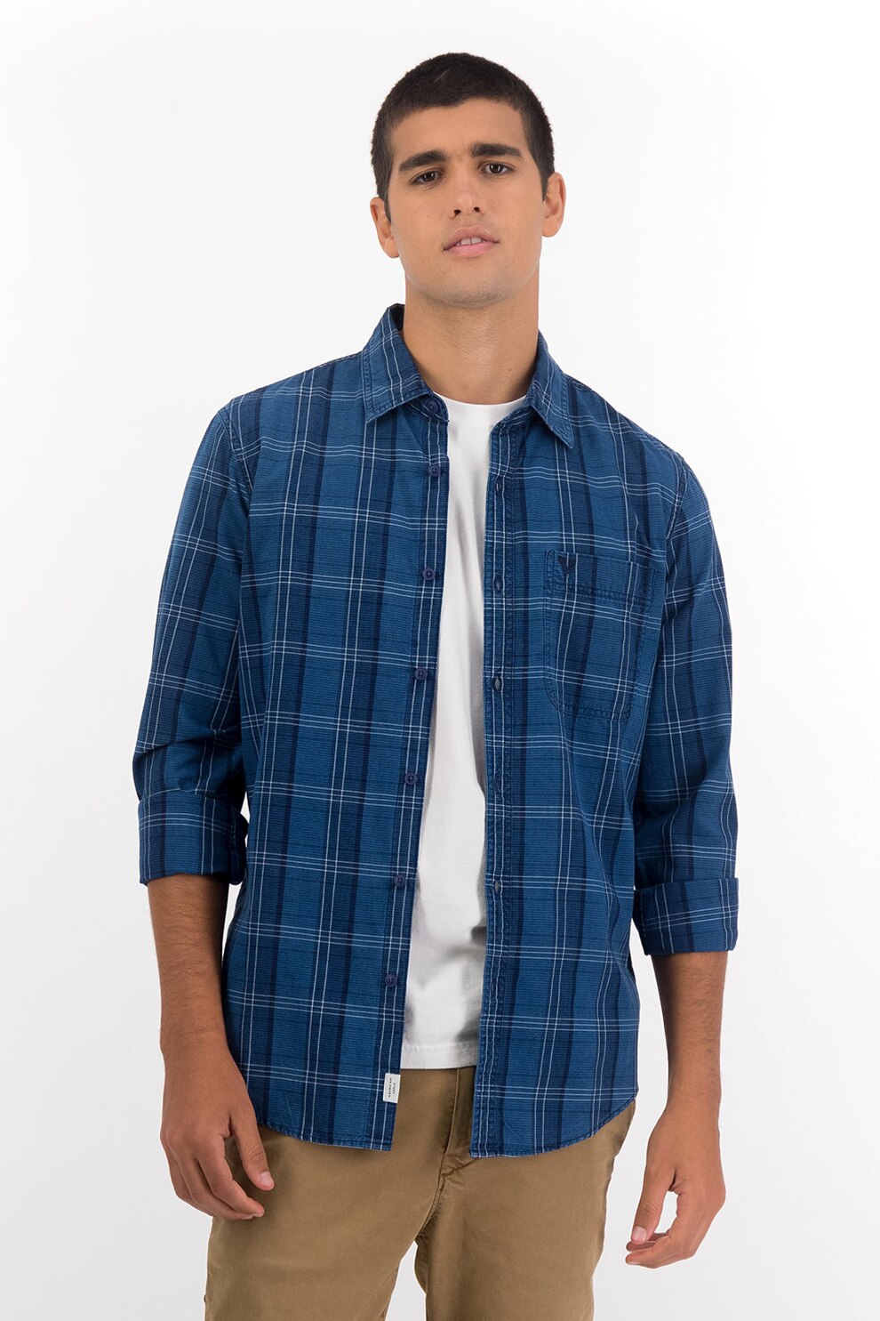 American Eagle, Camasa slim fit in carouri cu buzunar pe piept, Albastru