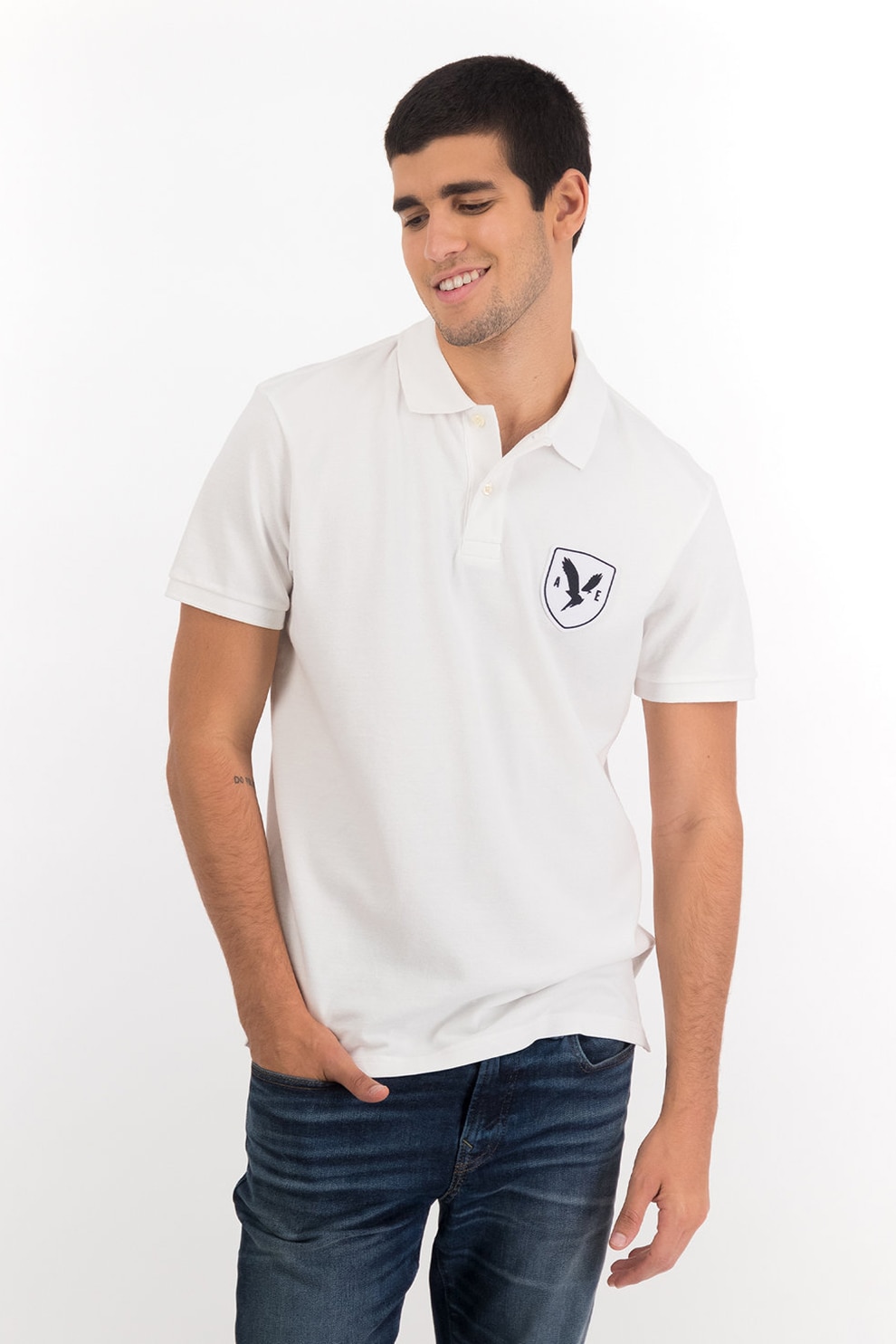 American Eagle, Tricou polo cu logo brodat, Alb optic/Negru stins