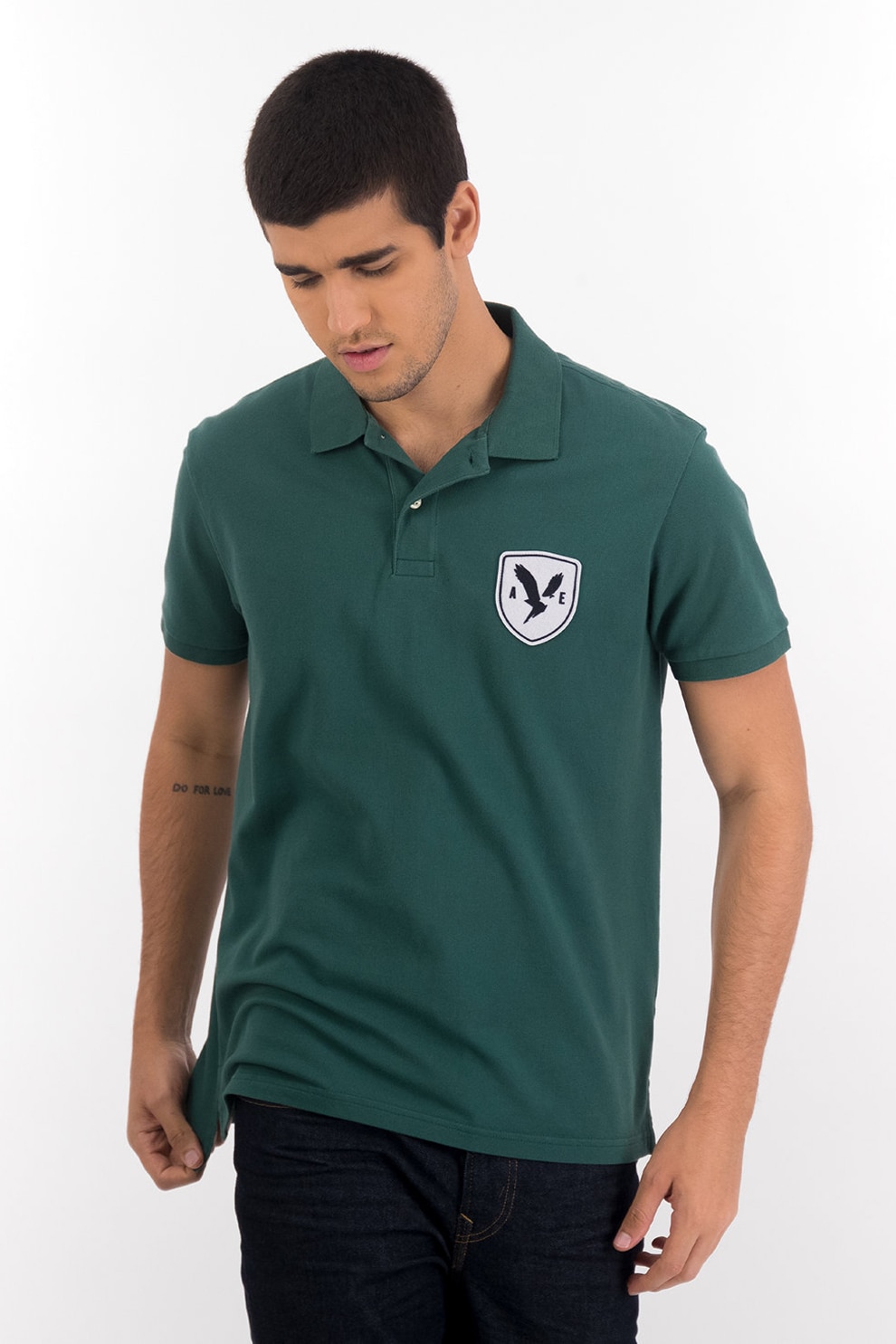 American Eagle, Tricou polo cu logo brodat, Verde/Alb