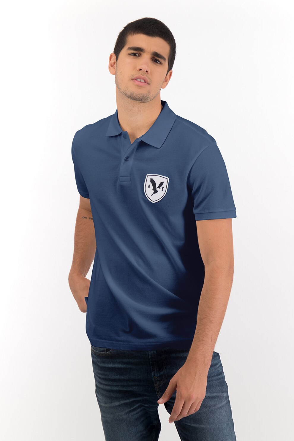 American Eagle, Tricou polo cu logo brodat, Albastru prafuit/Alb