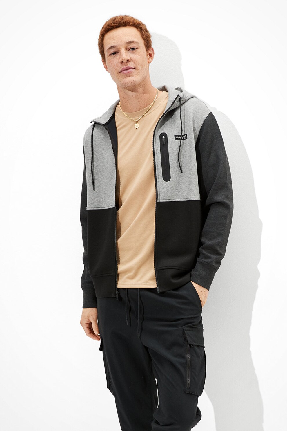 American Eagle, Hanorac cu fermoar si buzunar, Gri melange/Negru