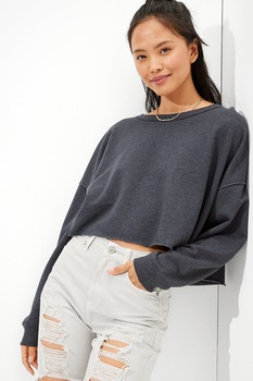 American Eagle, Bluza sport crop cu decolteu la baza gatului, Negru stins American Eagle, Bluza sport crop cu decolteu la baza gatului, Negru stins