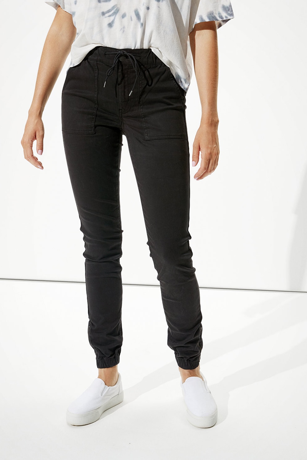American Eagle, Pantaloni cu talie inalta si buzunare, Negru stins