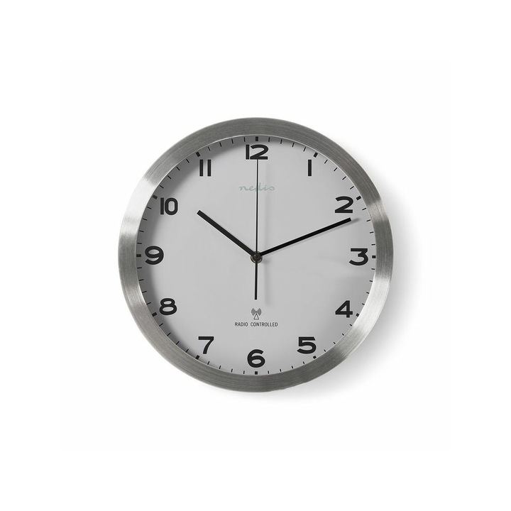 Falióra, Nedis, Urban változat, 30cm átmérő, Quartz, rádióvezérelt, ezüst/fehér
