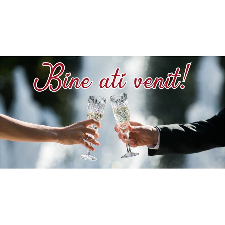 PERSONA zászló, "Bine ati venit" román felirat, poharakkal koccintó menyasszony és vőlegény, 50x100 cm