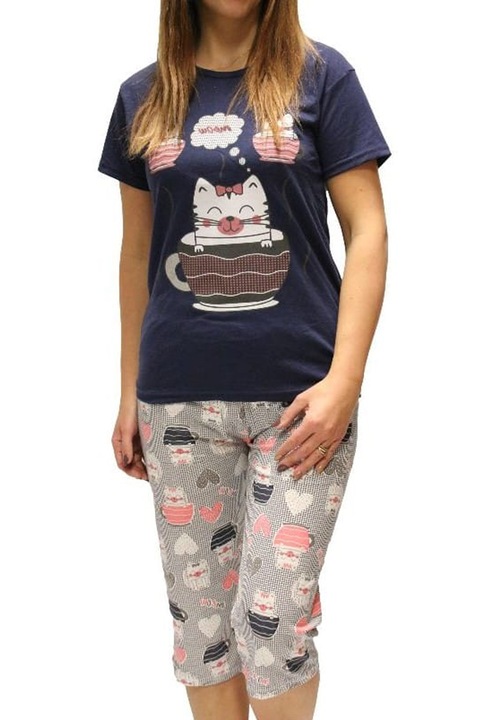 Pijama cu pantaloni trei sferturi, Rinda, Imprimeu cu pisici, Multicolor, Multicolor