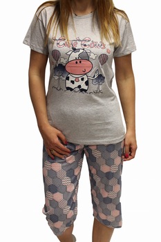 Pijama cu pantaloni trei sferturi, Rinda, Imprimeu cu vacuta, Multicolor, Multicolor Pijama cu pantaloni trei sferturi, Rinda, Imprimeu cu vacuta, Multicolor, Multicolor