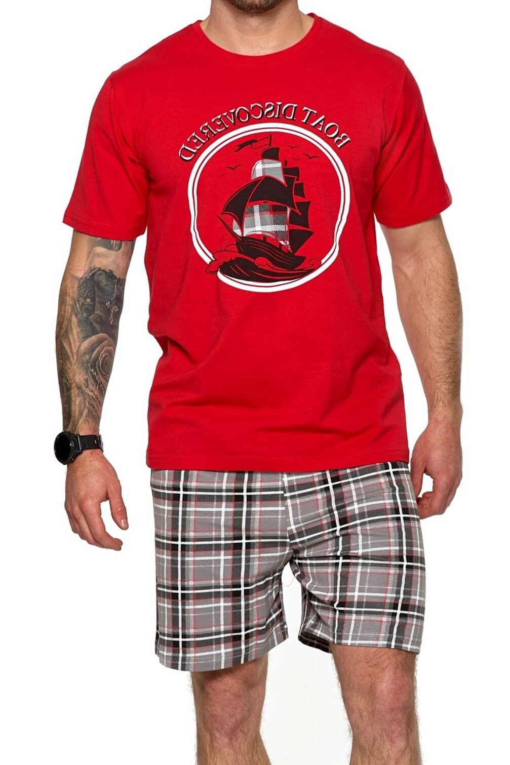 Pijama scurta cu imprimeu in carouri, Moraj, Multicolor, Multicolor