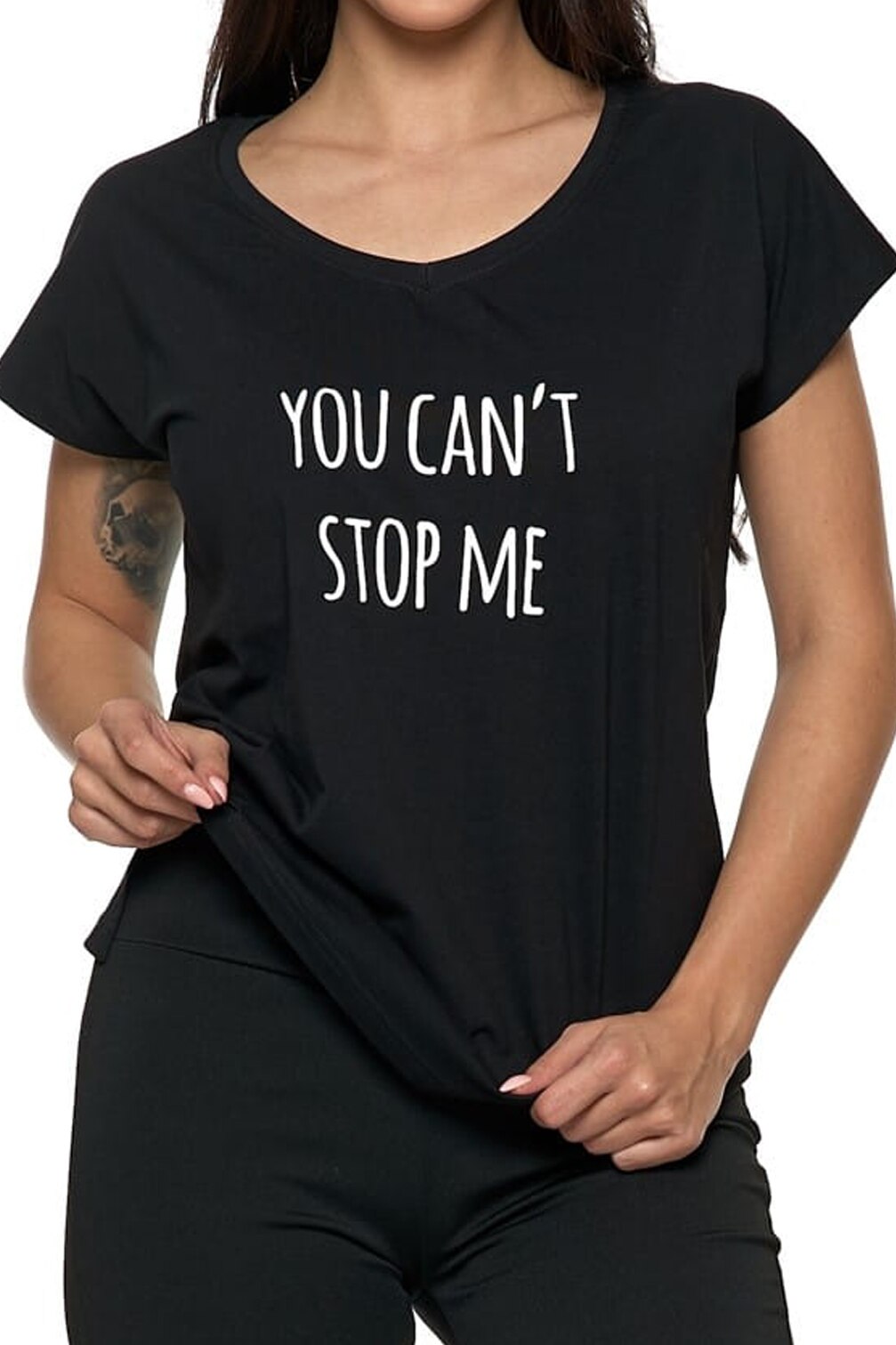 Tricou cu decolteu in V, Moraj, You can't stop me, Bumbac, Negru, Negru
