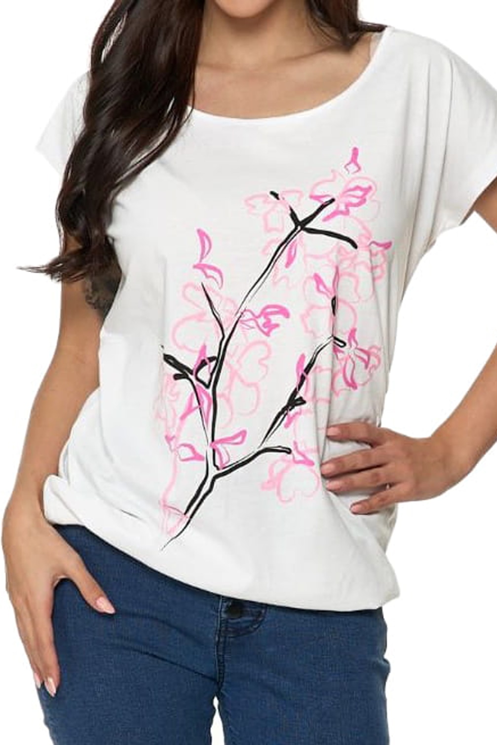 Tricou cu decolteu rotund, Moraj, Imprimeu floral, Bumbac, Alb, Alb