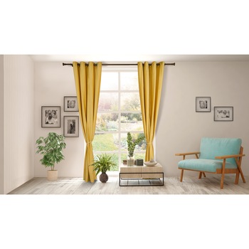 Set 2 draperii Heinner Home, catifea, 140x270 cm, sistem de prindere cu inele metalice, 2 cordoane tip sfoara, galben Set 2 draperii Heinner Home, catifea, 140x270 cm, sistem de prindere cu inele metalice, 2 cordoane tip sfoara, galben