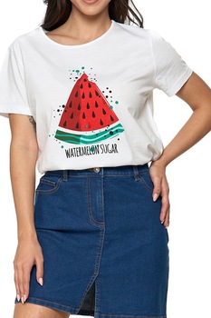 Tricou cu decolteu rotund, Moraj, Imprimeu cu pepene verde, Bumbac, Alb, Alb Tricou cu decolteu rotund, Moraj, Imprimeu cu pepene verde, Bumbac, Alb, Alb