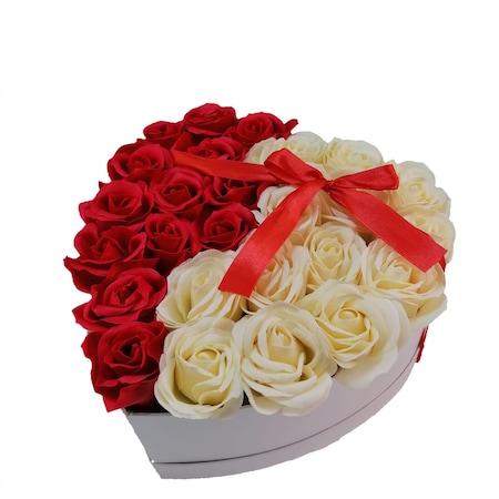 Aranjament Floral in Cutie in Forma de Inima cu Trandafiri Sapun Deliny®, 21 fire, Albi si Rosii