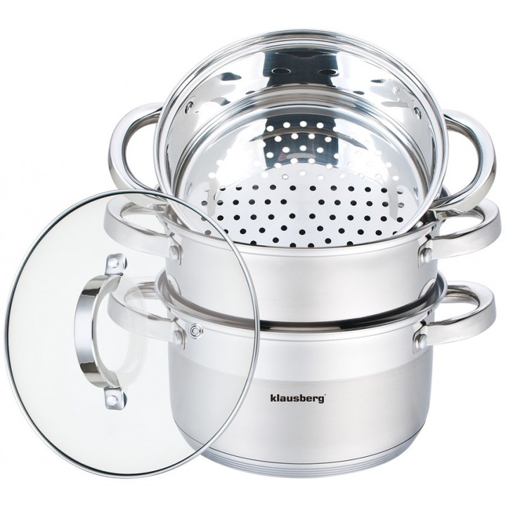 Тенджера за готвене на пара Klausberg KB 7139, 20 см, 3.1 литра, 3 части, Индукция, Инокс