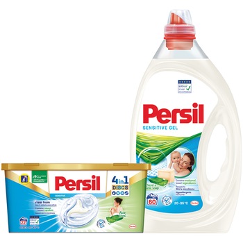 Pachet promo Detergent lichid Persil Sensitive Gel, 60 spalari, 3L & Detergent capsule Persil Discs 4in1 Sensitive, 22 capsule Pachet promo Detergent lichid Persil Sensitive Gel, 60 spalari, 3L & Detergent capsule Persil Discs 4in1 Sensitive, 22 capsule