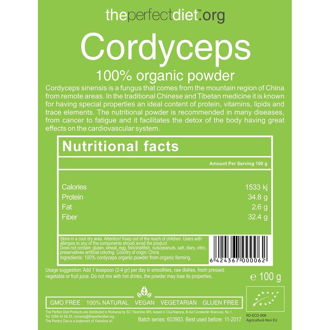 Cordyceps - 100% pulbere BIO, imunomodulator, energizant, creste virilitatea, punga plastic, 100 g