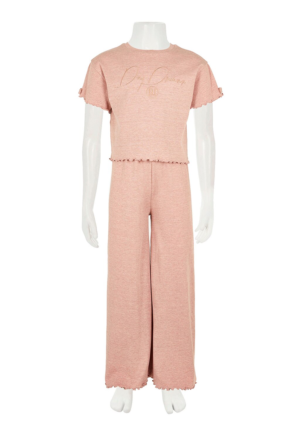 River Island, Pijama cu logo si margini valurite, Roz