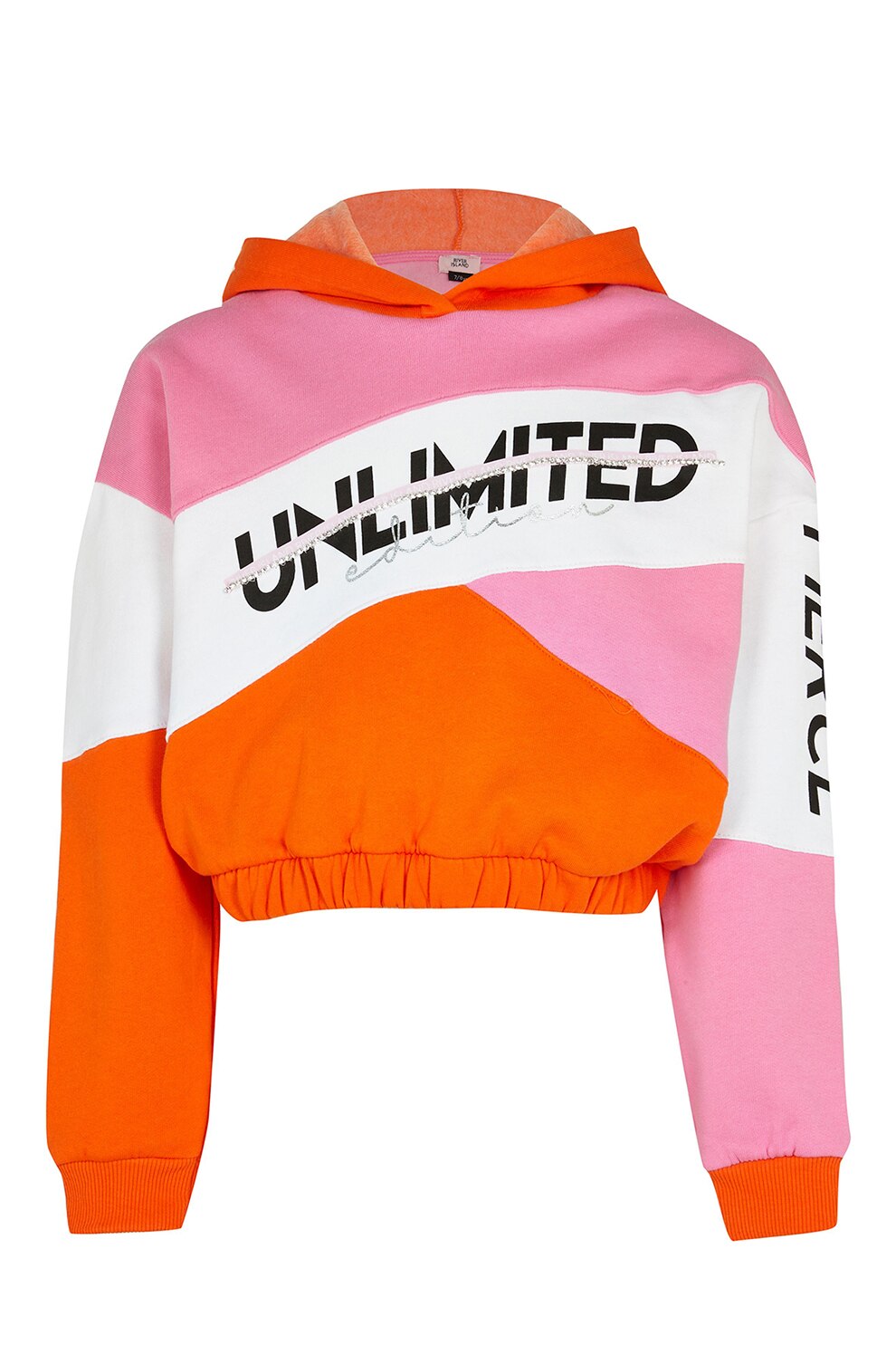 River Island, Hanorac colorblock cu imprimeu text, Roz/Oranj/Alb