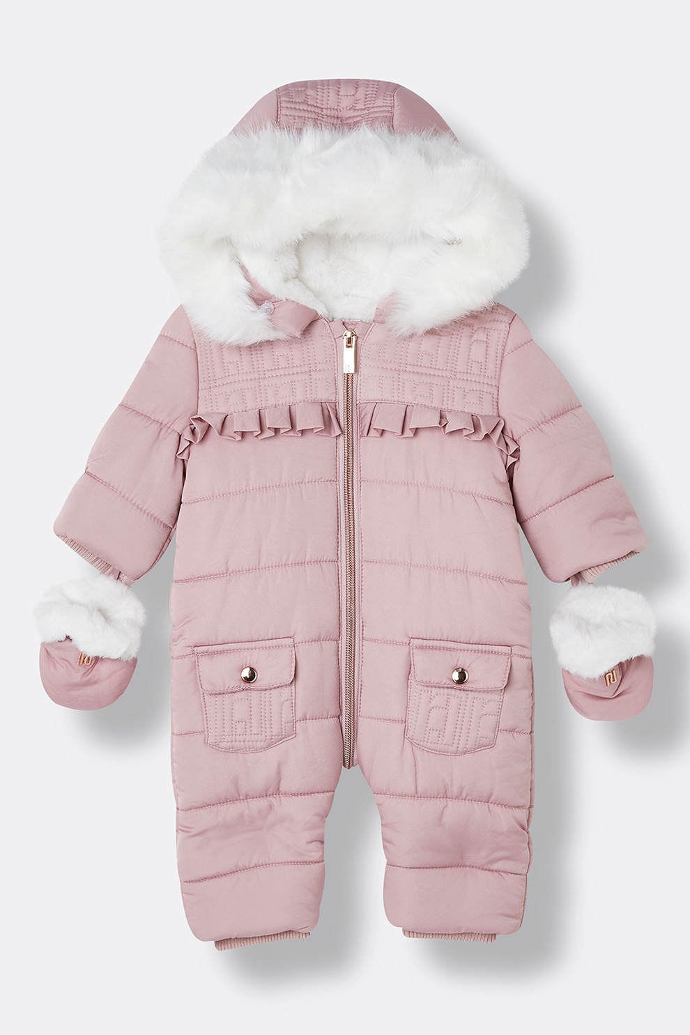 River Island, Salopeta cu gluga, manusi si aspect matlasat, Roz pal