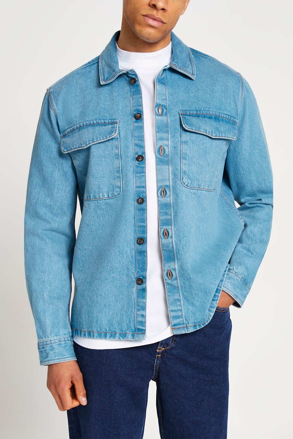 River Island, Camasa de denim cu buzunare pe piept, Albastru deschis